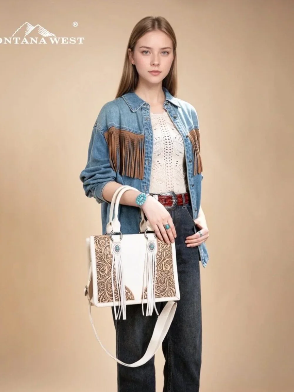 Montana West Tooled Concho Tote/Crossbody -Beige